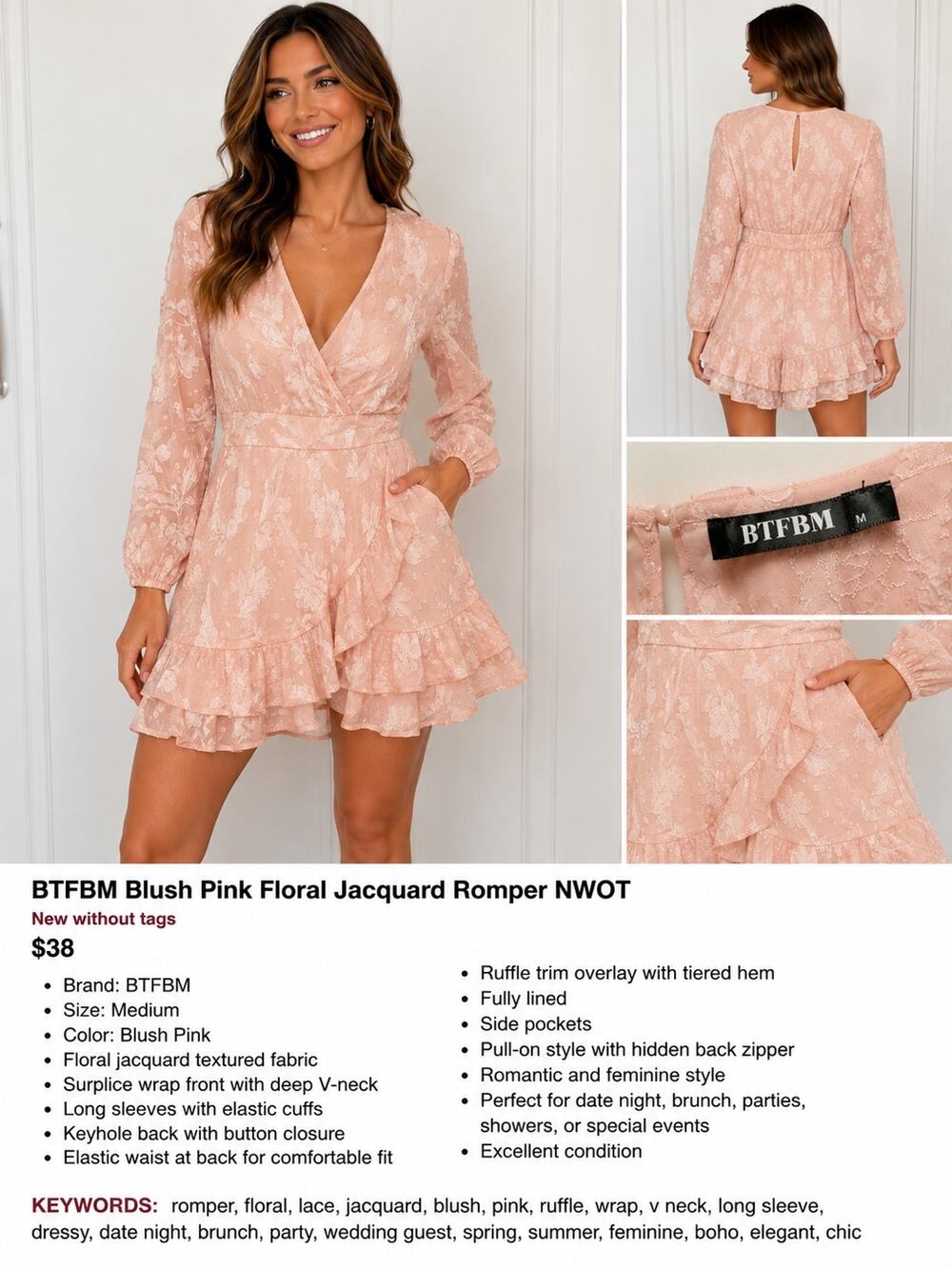BTFBM Blush Pink Floral Jacquard Romper Medium NWOT Ruffle Wrap
